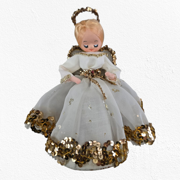 Vintage 1960s Japan Angel Tree Topper Gold Sequin Tulle Dress 8” Christmas Decor - Picture 5 of 10
